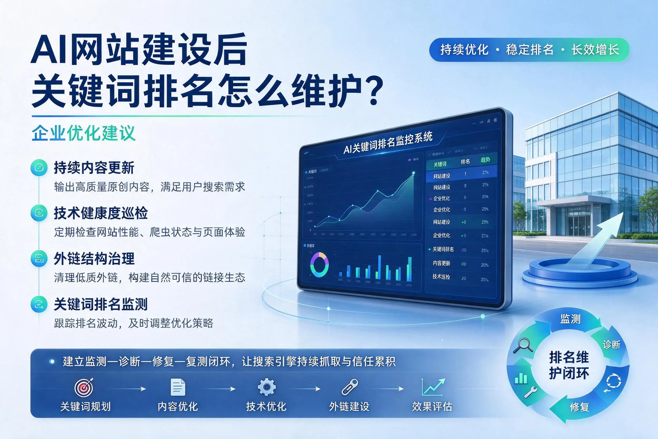 AI网站建设后关键词排名怎么维护?嘉兴企业优化建议