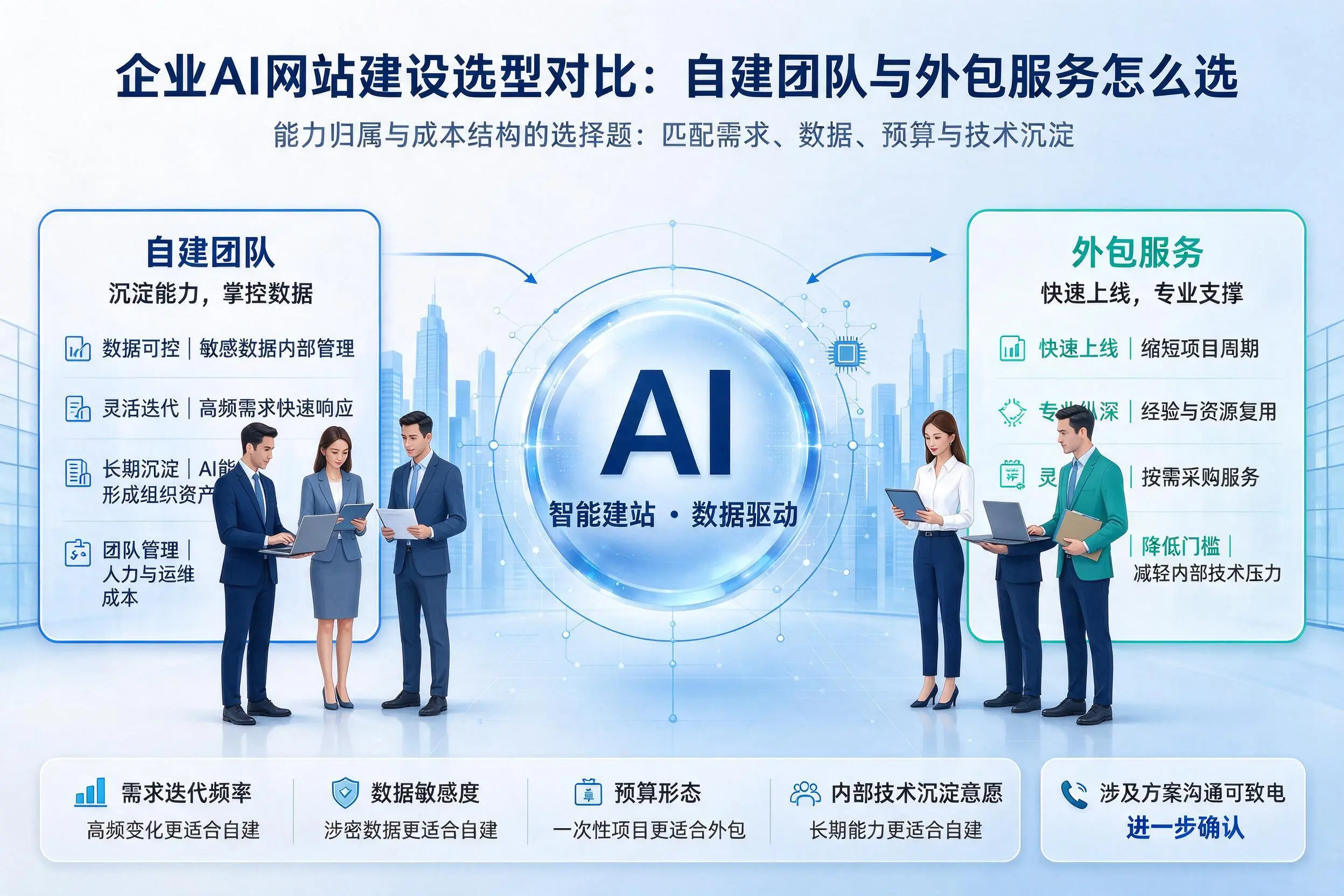 嘉兴企业AI网站建设选型对比:自建团队与外包服务怎么选